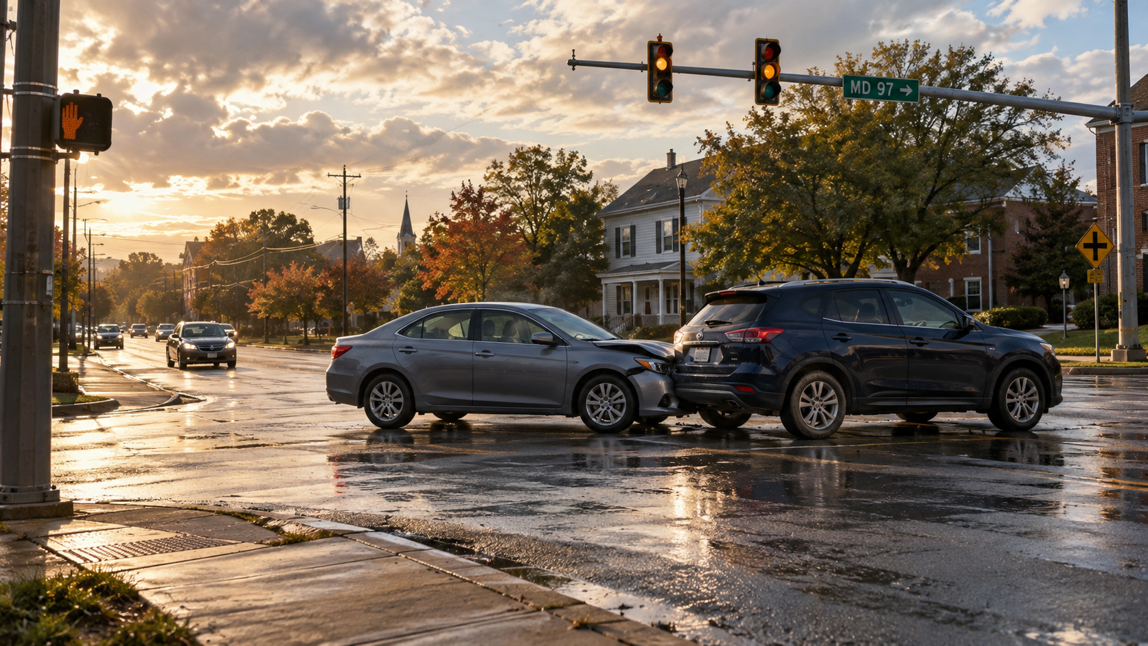 Two vehicles stopped after a collision at a rain-soaked Maryland intersection.