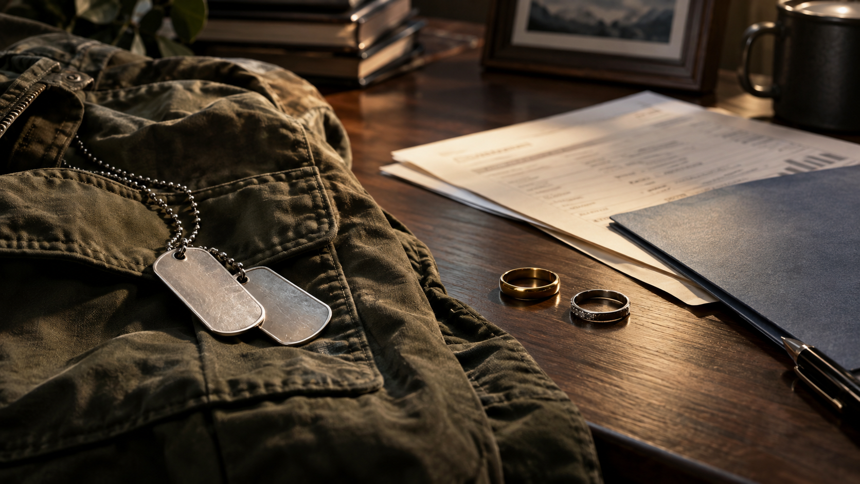 Military dog tags and two wedding rings beside retirement documents.