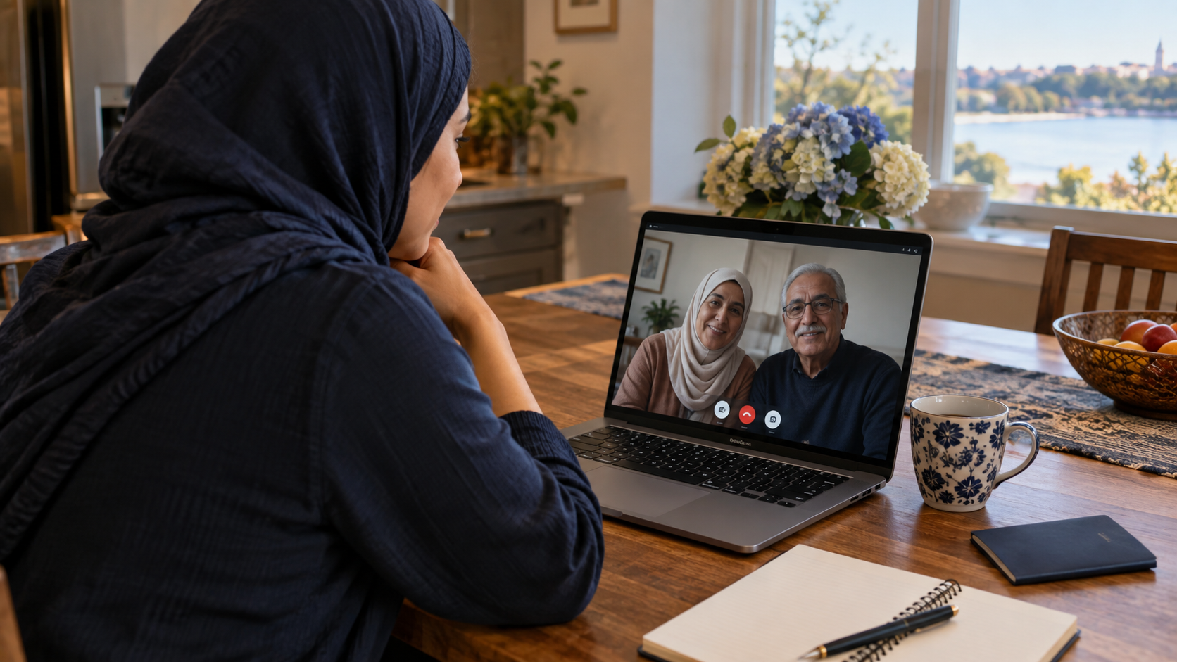A woman speaking with older relatives on a laptop video call at home.