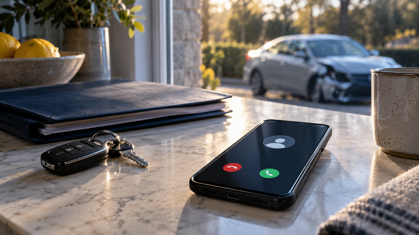 A phone displaying an incoming call beside car keys, with a damaged car outside.
