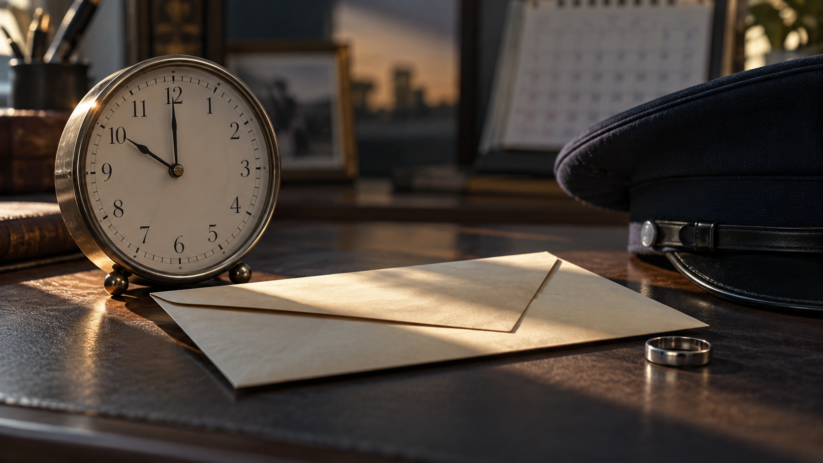 A desk clock beside a legal envelope, wedding ring, and military cap.