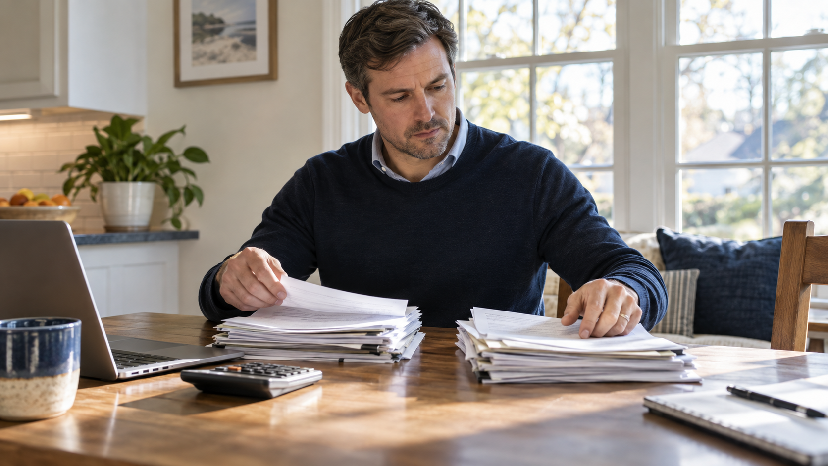 Organized tax folders and filing records on a sunlit desk.