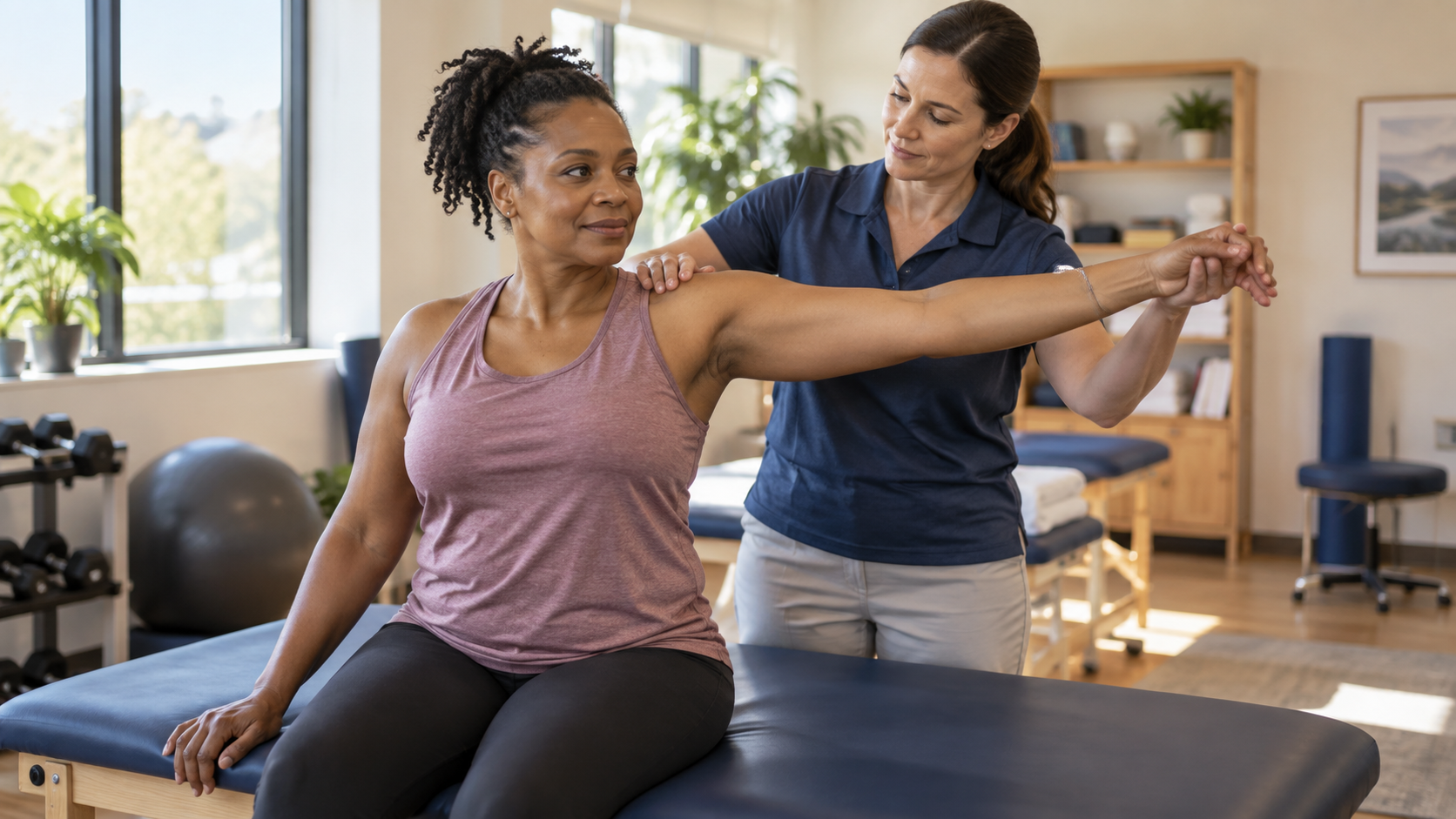 A person working with a physical therapist in a bright rehabilitation room.