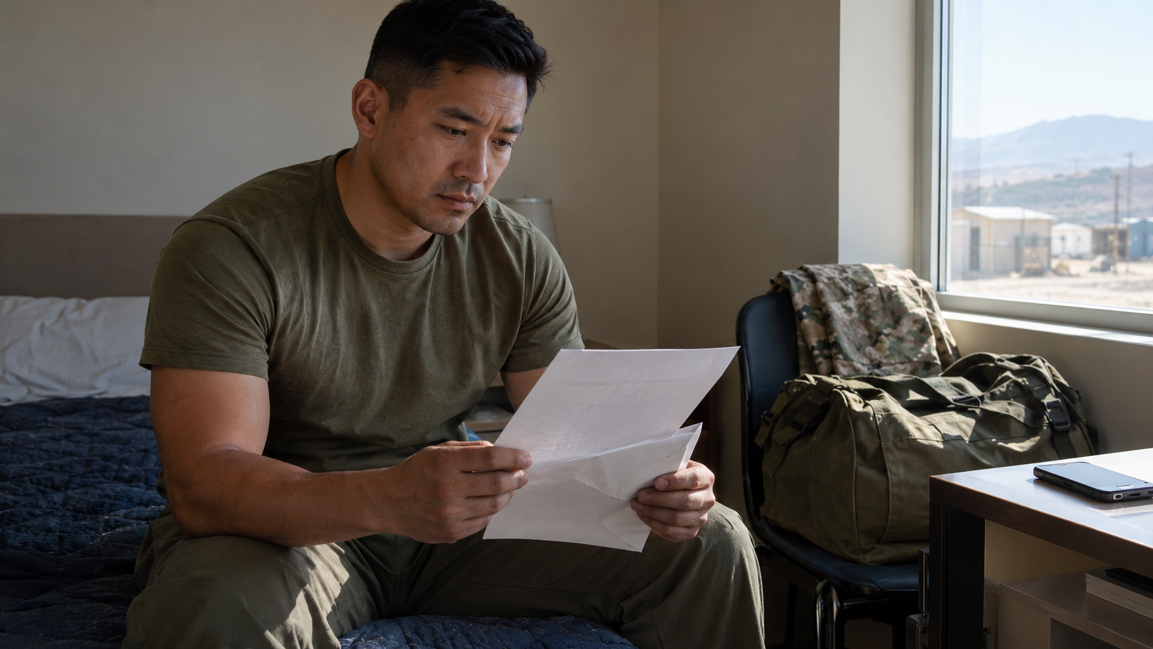 A service member reviewing a plain legal envelope in a quiet temporary room.