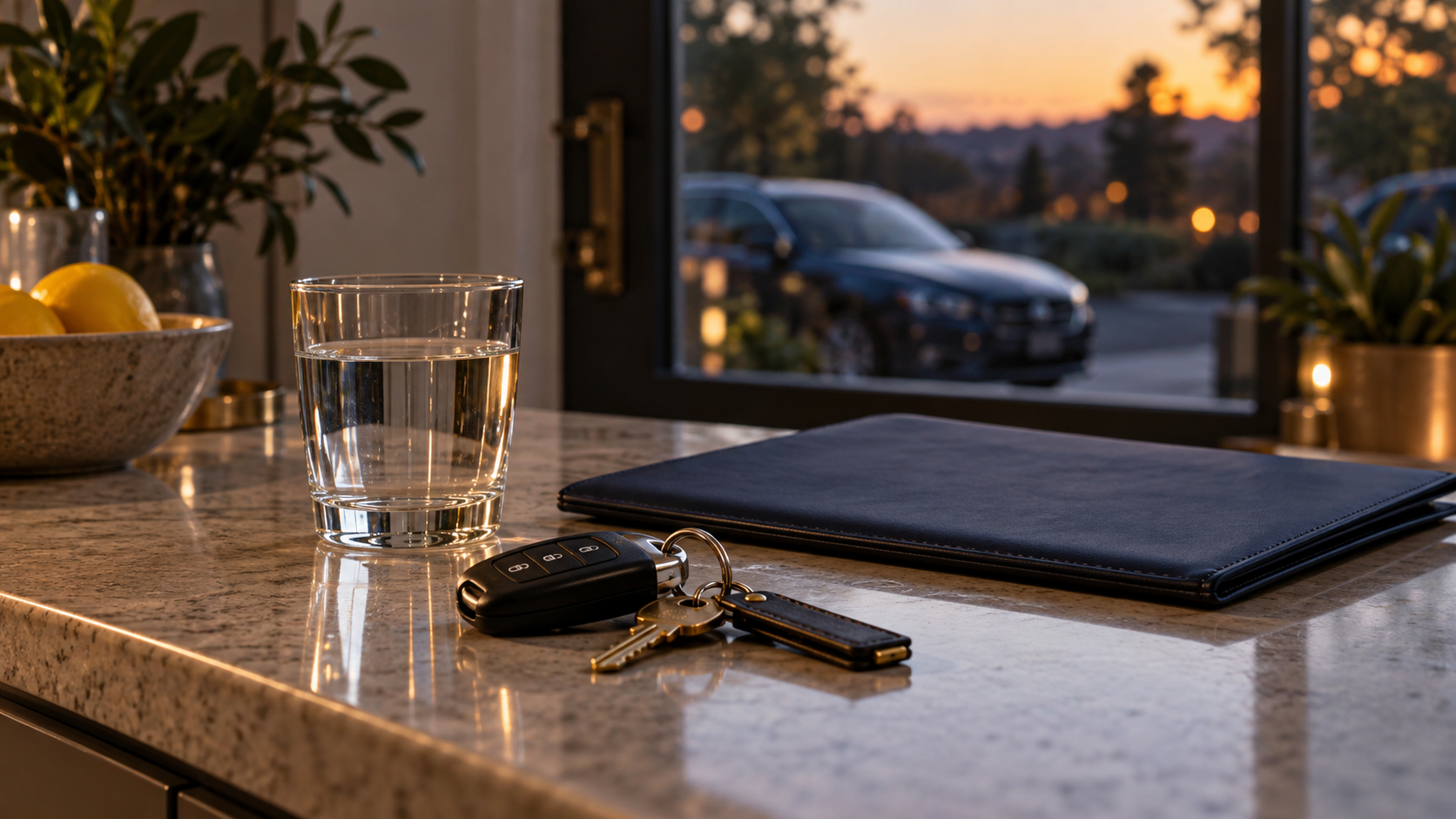 Car keys resting beside a water glass, with a parked car outside at dusk.