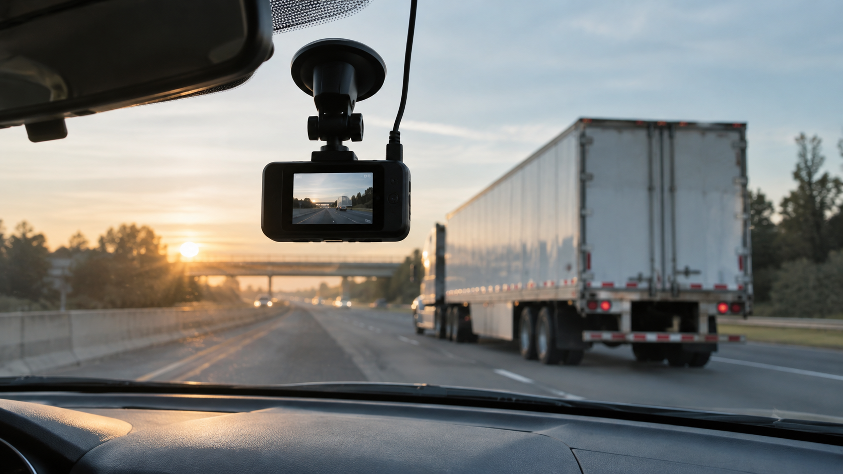 A windshield-mounted dashcam overlooking a highway with a commercial truck ahead.