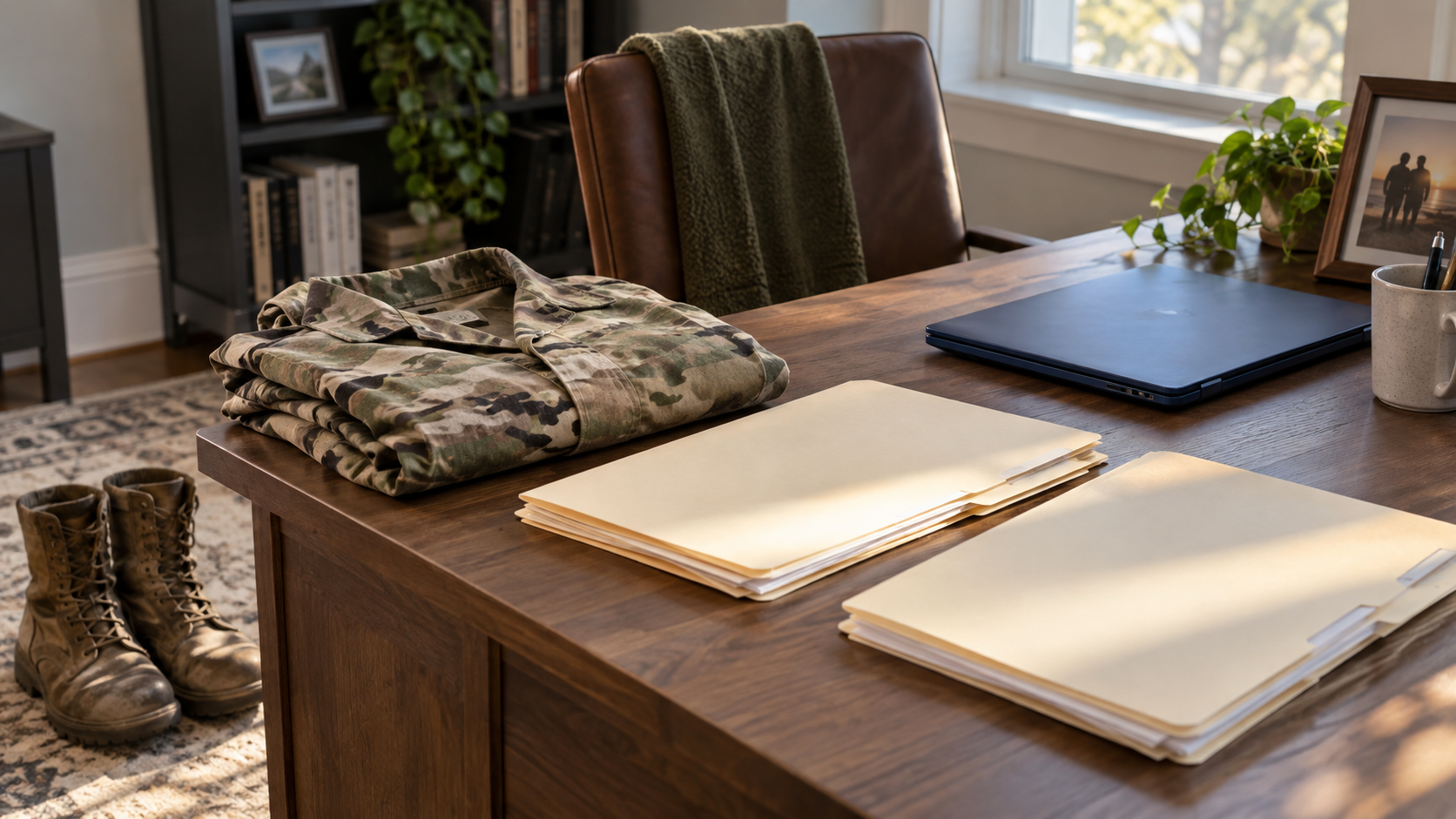 Military boots and a folded uniform beside separate retirement folders in a home office.