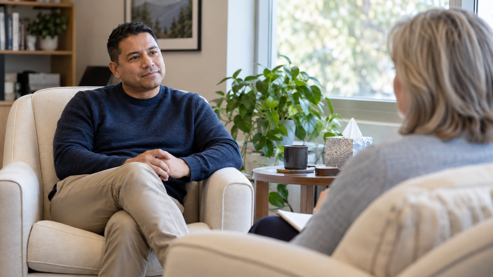 Two adults having a calm conversation in a private counseling office with soft daylight.