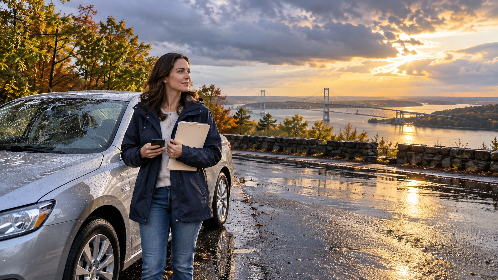 A driver beside a safely parked car on a quiet Maryland road after a rainstorm.