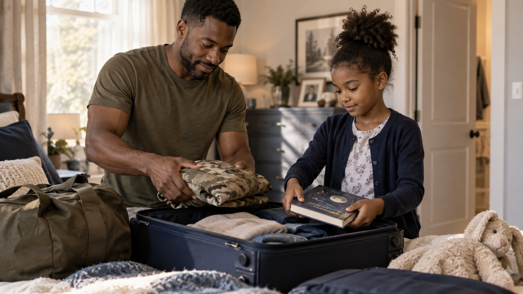 A military parent and young child packing a small suitcase together in a bright home.