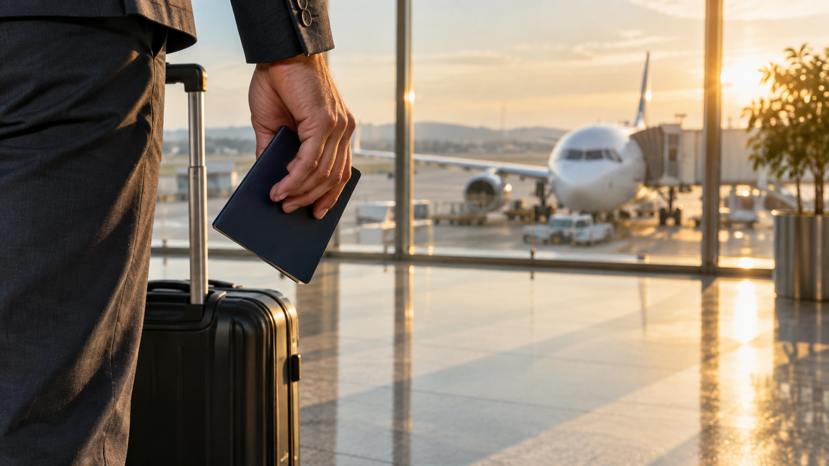 A traveler holding a closed passport beside luggage in a sunlit airport terminal.