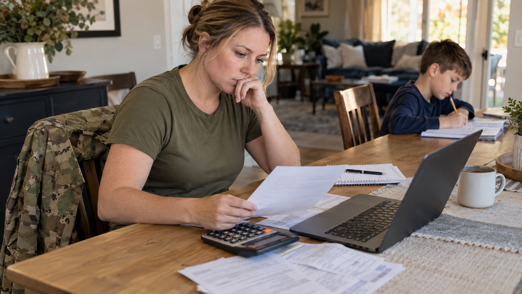 A military parent reviewing a household budget while a child does homework at the same table.