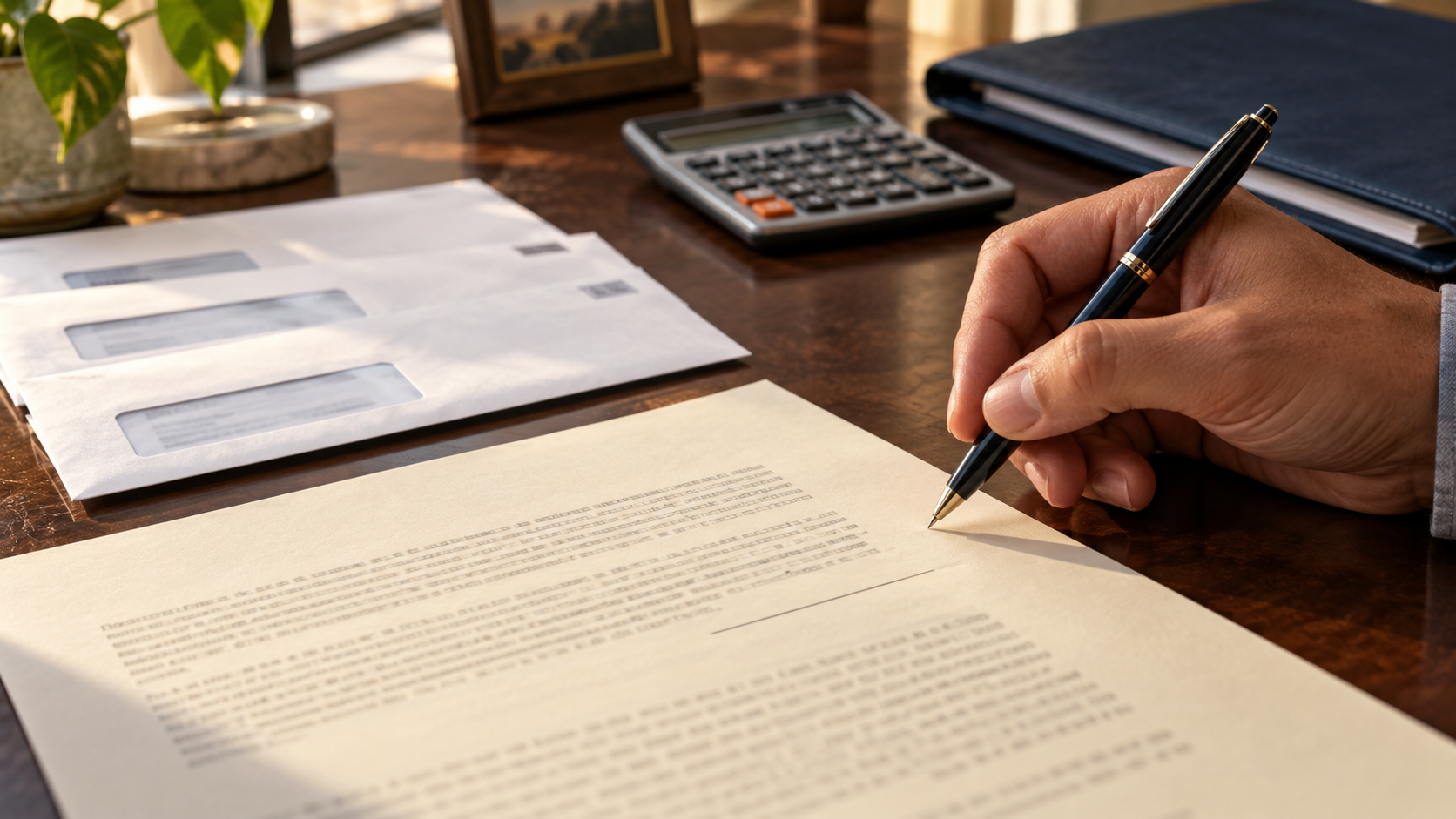 A hand pausing over an unsigned settlement document beside medical billing envelopes.