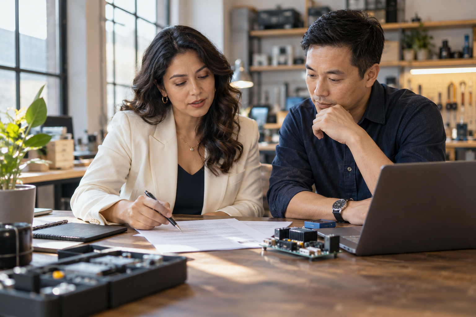 A technology business founder and engineer reviewing an agreement beside an electronics prototype.
