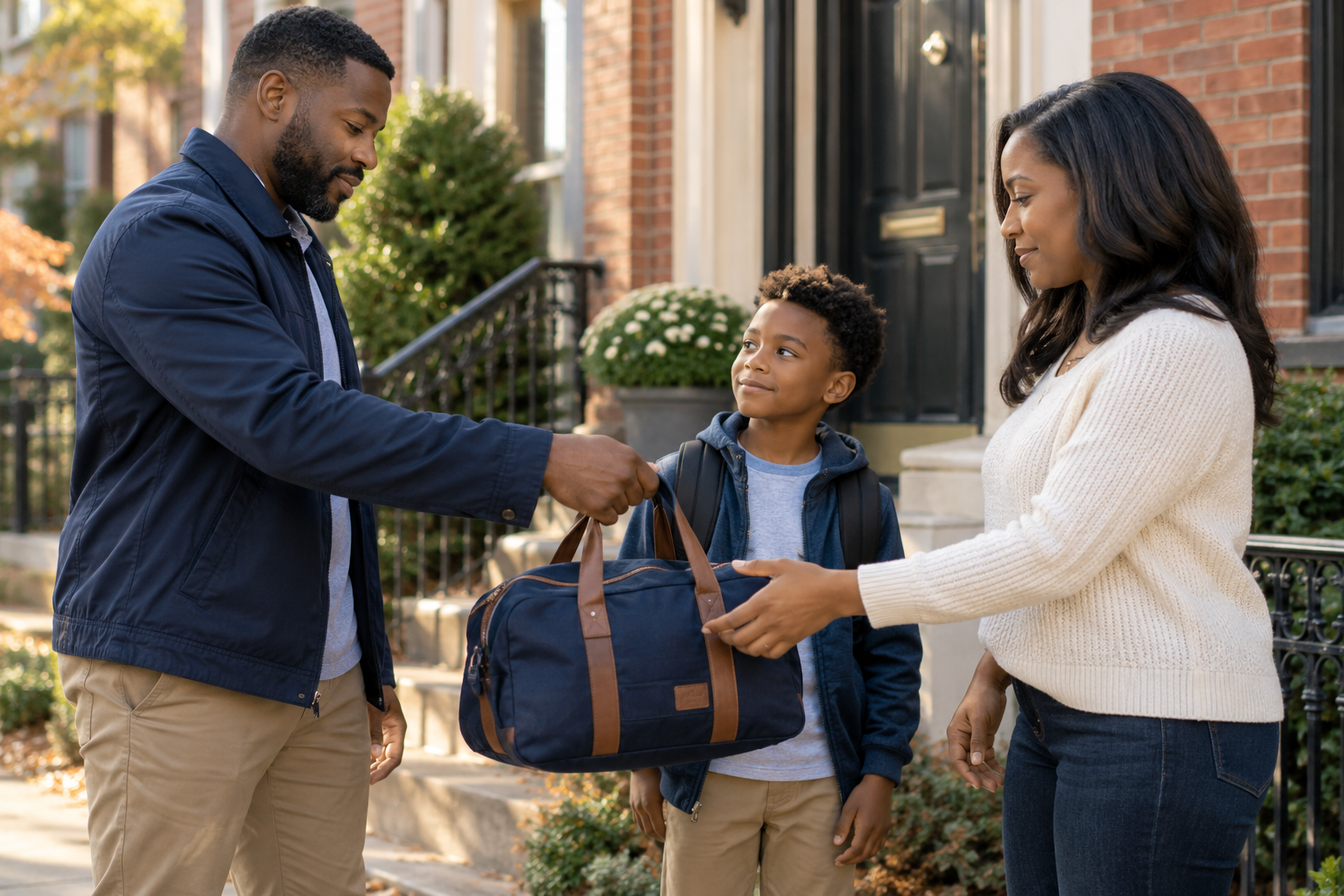 Parents helping their son with his bag during a calm co-parenting handoff.