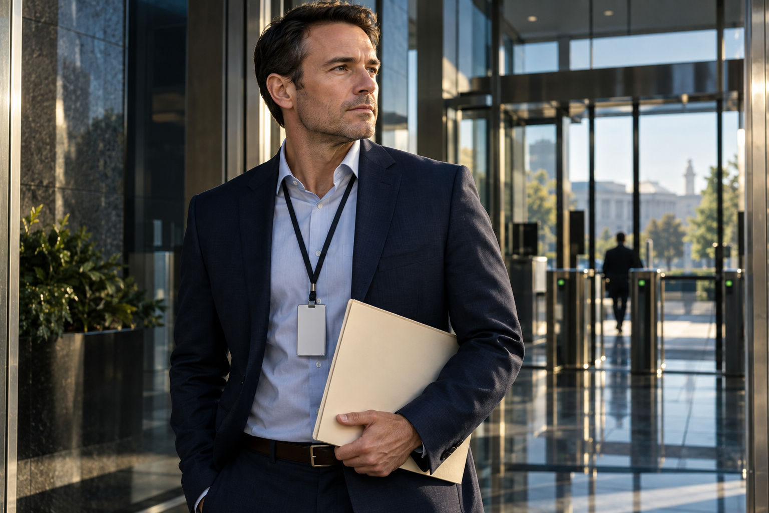 A professional holding a document folder outside a secure government workplace.
