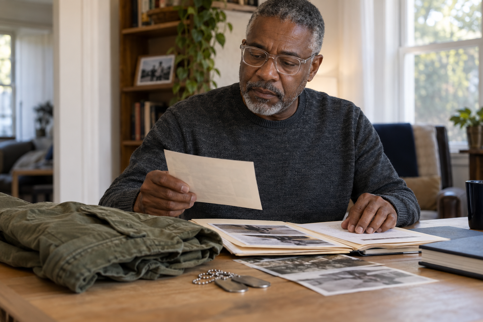 A veteran reviewing service records beside military keepsakes at a table.