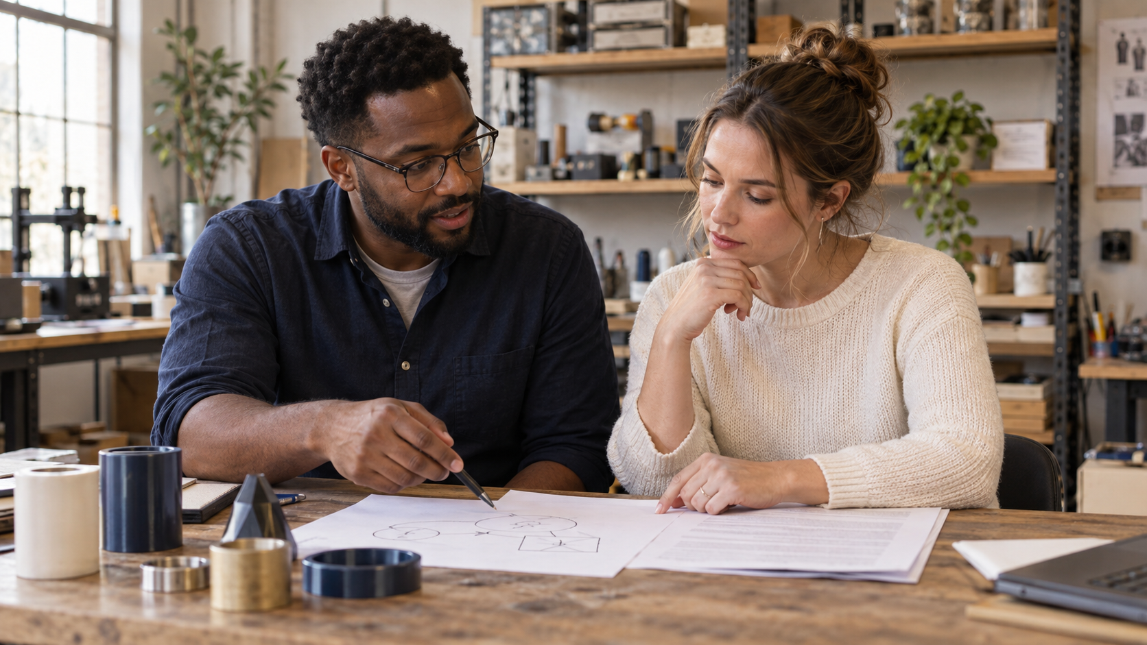 Two small-business co-founders discussing an ownership agreement at a workshop table.