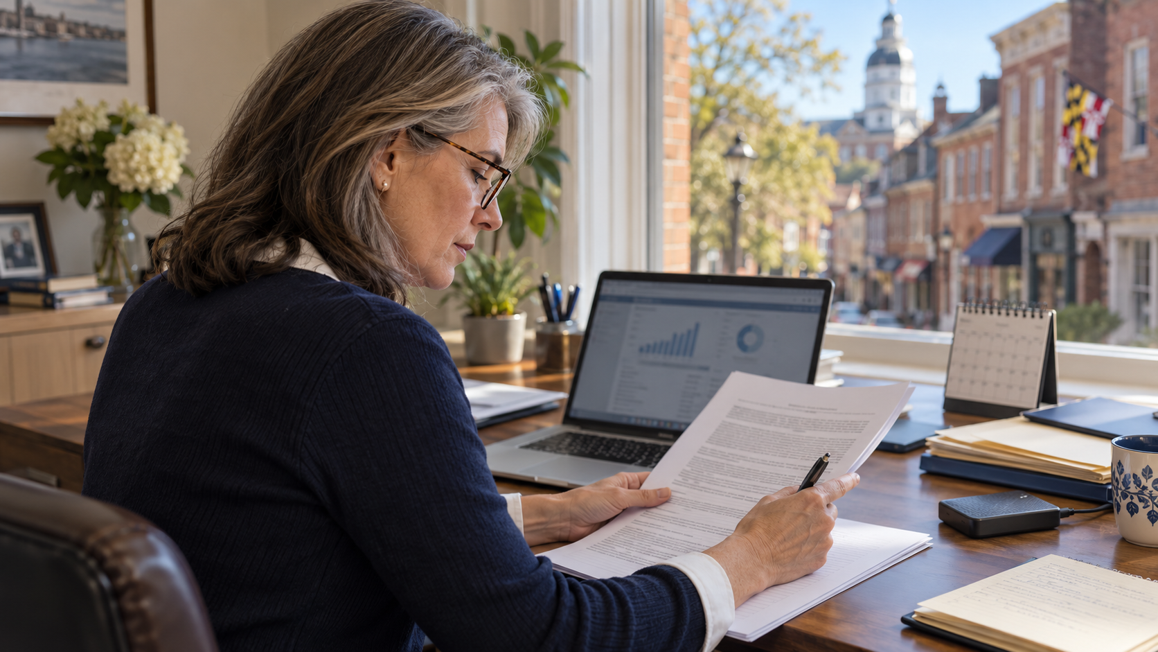 A business owner comparing a software agreement with subscription details on a laptop.