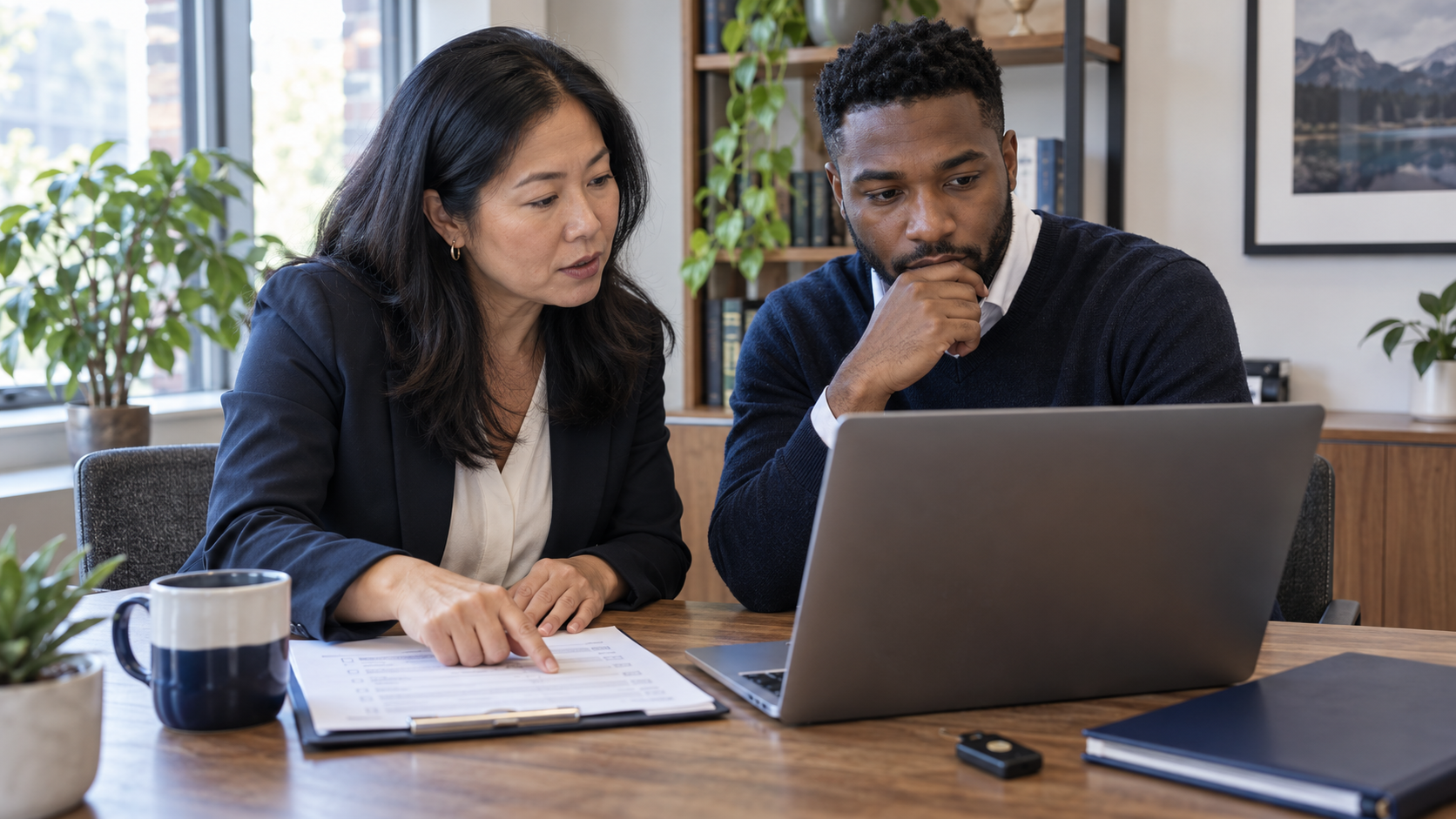 A business owner and technology adviser reviewing an AI tool on a laptop in a small office.