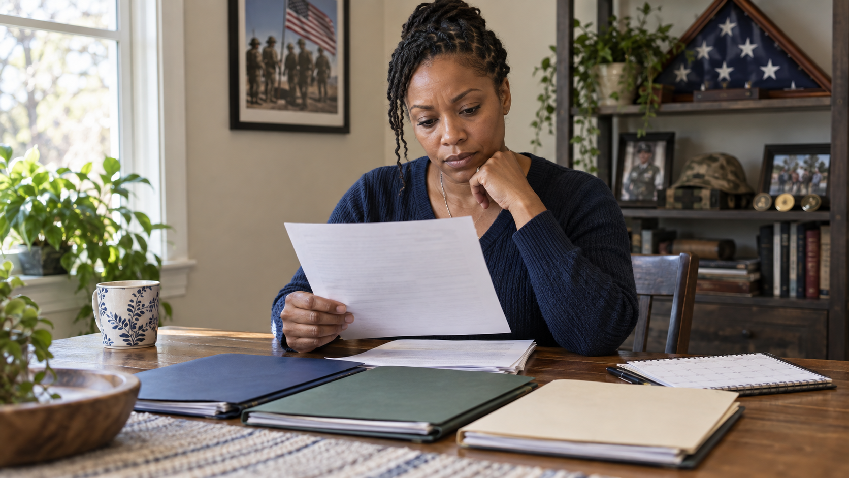 A veteran reviewing a benefits decision letter beside organized folders and a calendar at home.