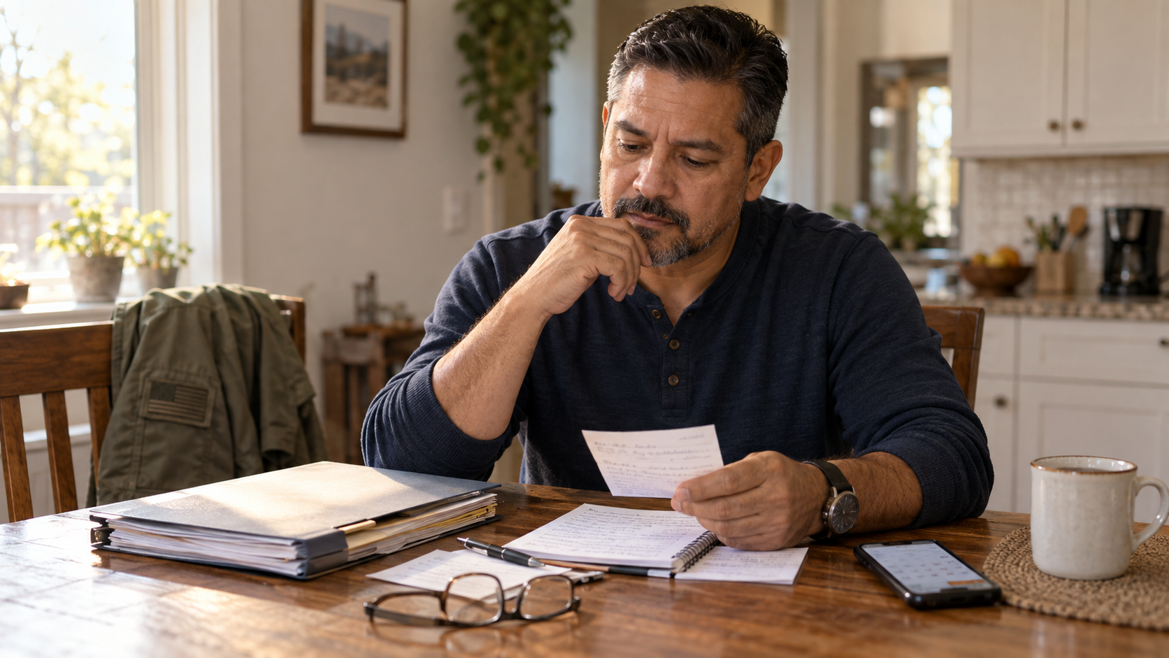 A veteran organizing appointment notes and a medical-record folder before a claim examination.