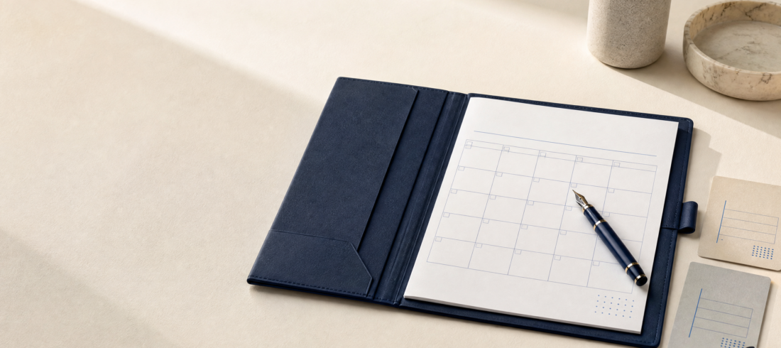 Maryland parenting plan school-year check-in A dark navy folio with a blank school calendar, fountain pen, and neutral planner cards on an ivory desk, representing organized parenting-plan preparation.