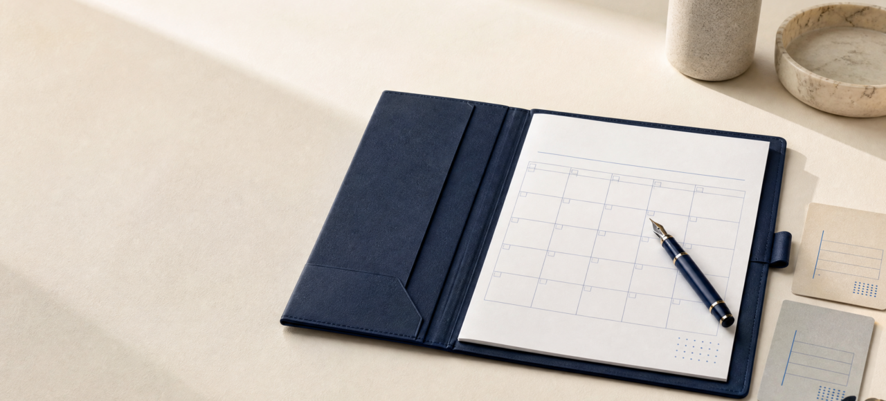 A dark navy folio with a blank school calendar, fountain pen, and neutral planner cards on an ivory desk, representing organized parenting-plan preparation.