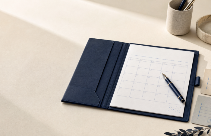 A dark navy folio with a blank school calendar, fountain pen, and neutral planner cards on an ivory desk, representing organized parenting-plan preparation.