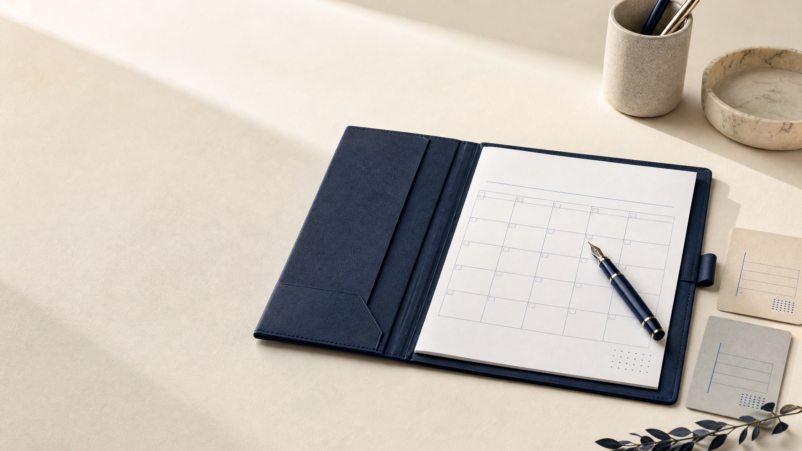 A dark navy folio with a blank school calendar, fountain pen, and neutral planner cards on an ivory desk, representing organized parenting-plan preparation.