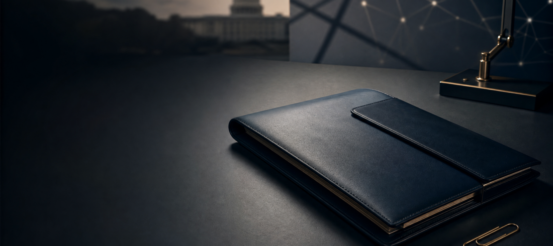 A dark navy document folio on a desk with abstract secure network lines, representing careful preparation for a federal security-clearance response.