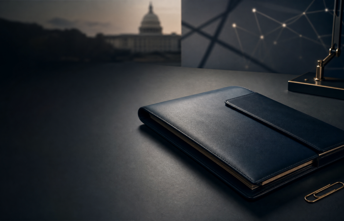 A dark navy document folio on a desk with abstract secure network lines, representing careful preparation for a federal security-clearance response.