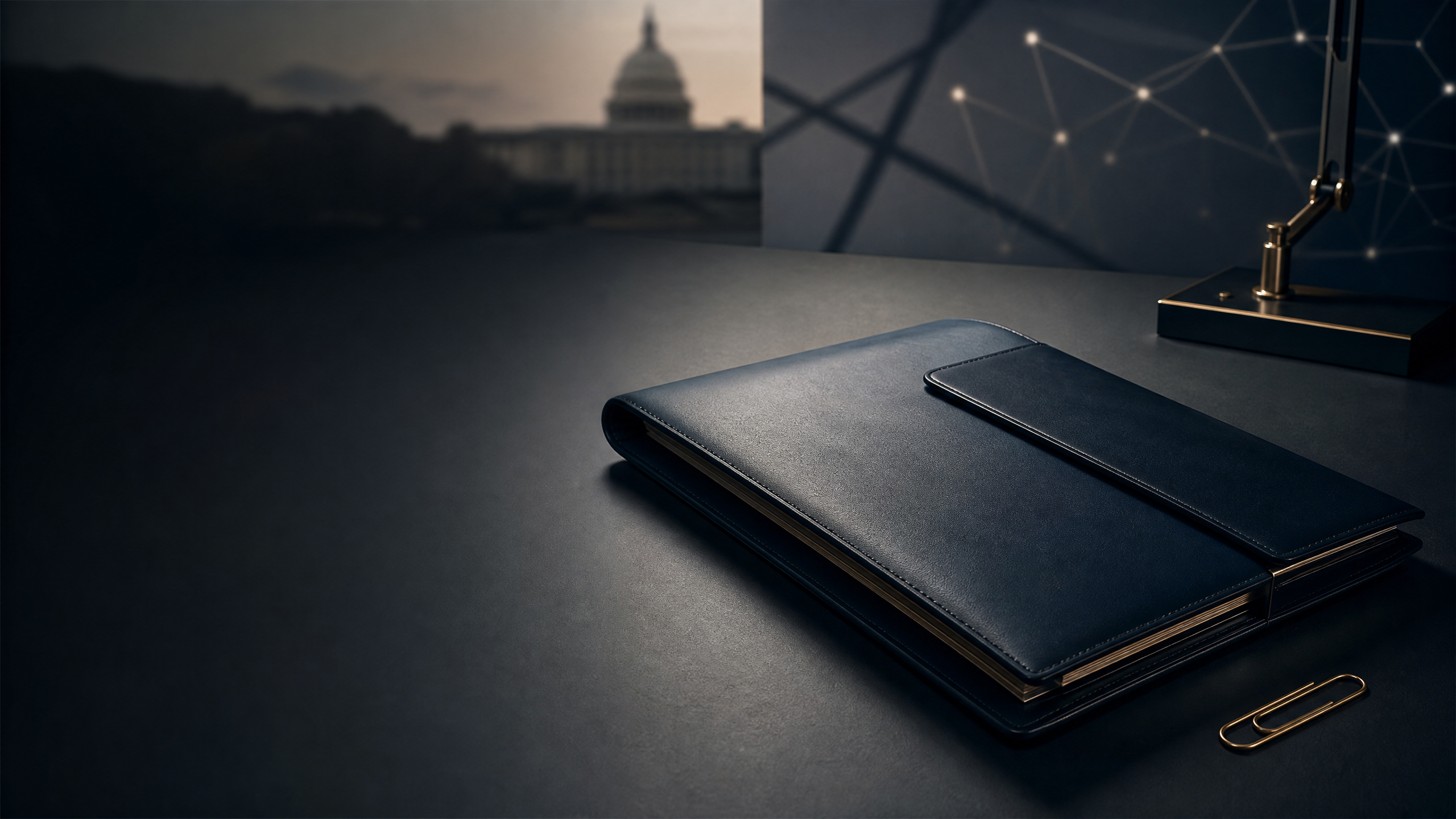 A dark navy document folio on a desk with abstract secure network lines, representing careful preparation for a federal security-clearance response.